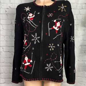 Skiing Santa Holiday Black Embroidered Cardigan Sweater XL Christmas